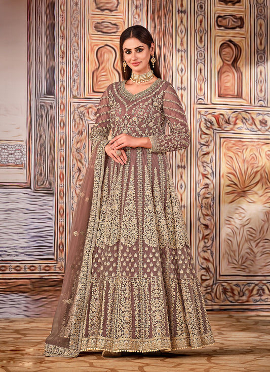 Charming Brown Net Embroidered Anarkali Suit