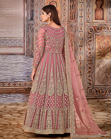 Opulent Mauve Pink Net Embroidered Anarkali Suit