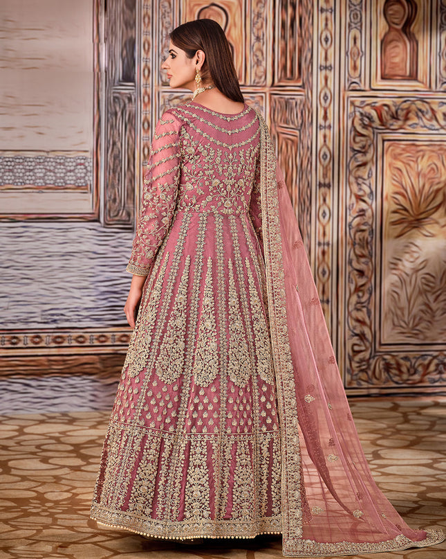 Opulent Mauve Pink Net Embroidered Anarkali Suit