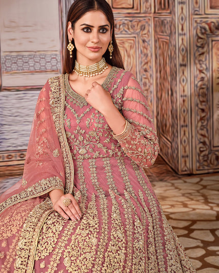 Opulent Mauve Pink Net Embroidered Anarkali Suit