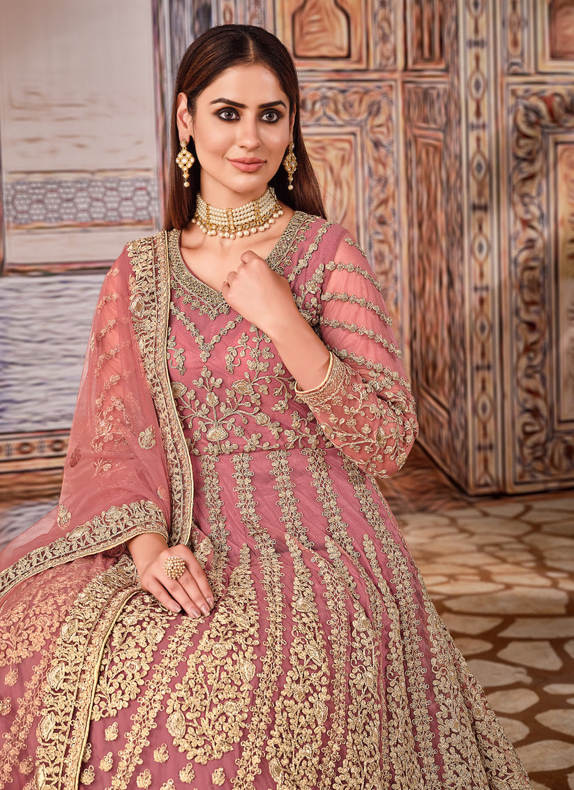 Opulent Mauve Pink Net Embroidered Anarkali Suit