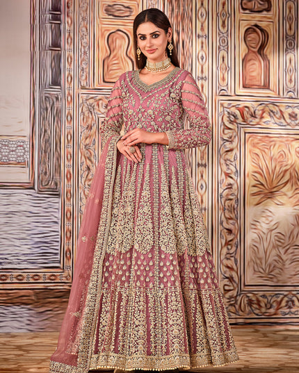 Opulent Mauve Pink Net Embroidered Anarkali Suit