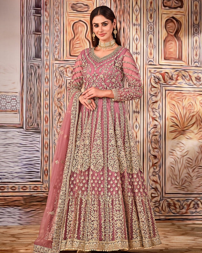 Opulent Mauve Pink Net Embroidered Anarkali Suit