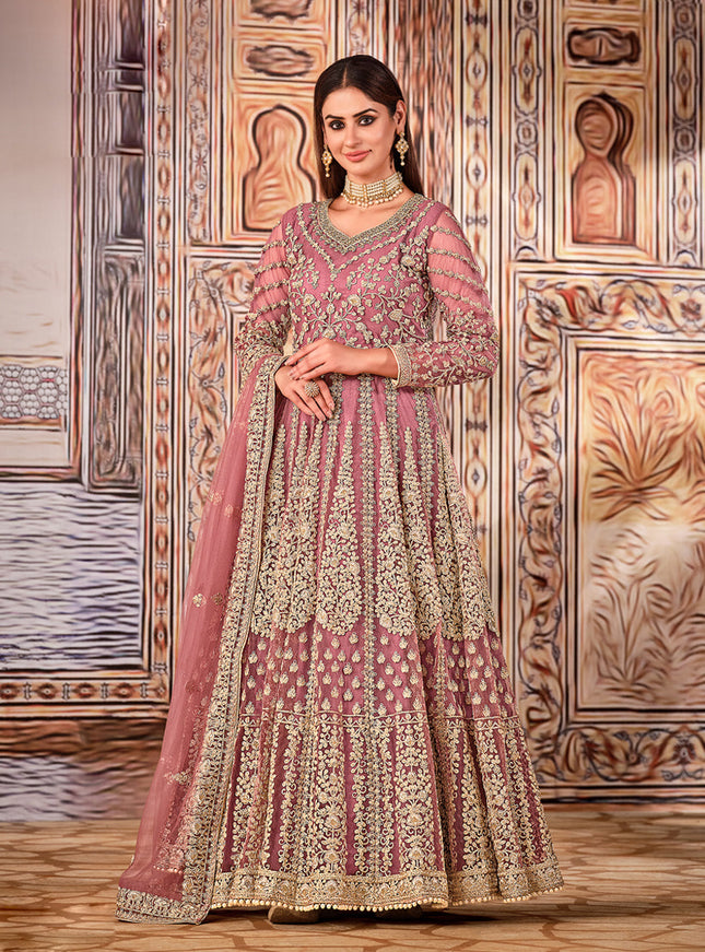 Opulent Mauve Pink Net Embroidered Anarkali Suit