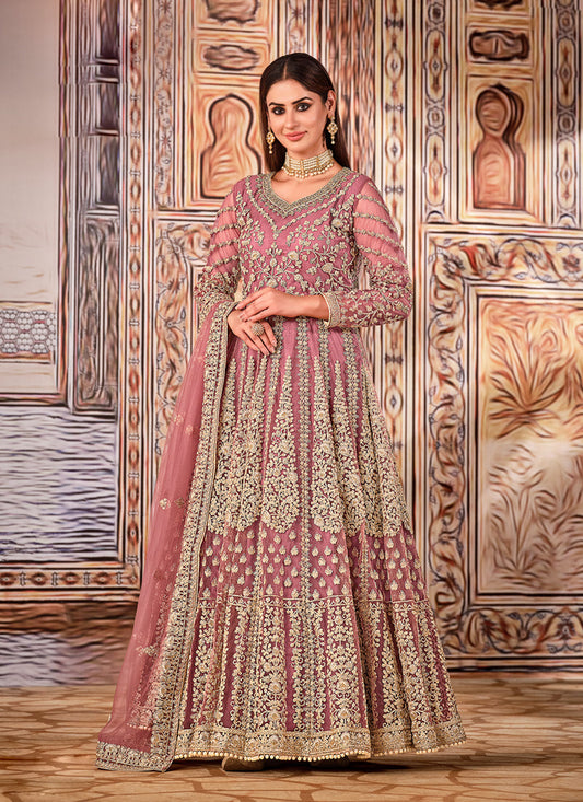 Opulent Mauve Pink Net Embroidered Anarkali Suit