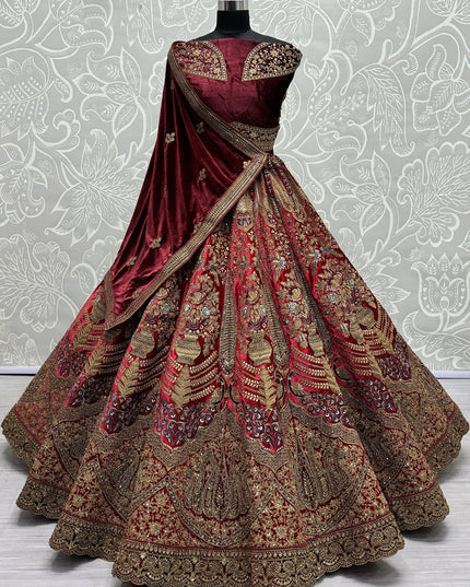 Red Velvet Embroidered Designer Bridal Lehenga Choli
