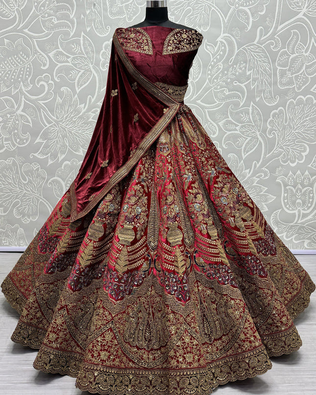 Red Velvet Embroidered Designer Bridal Lehenga Choli