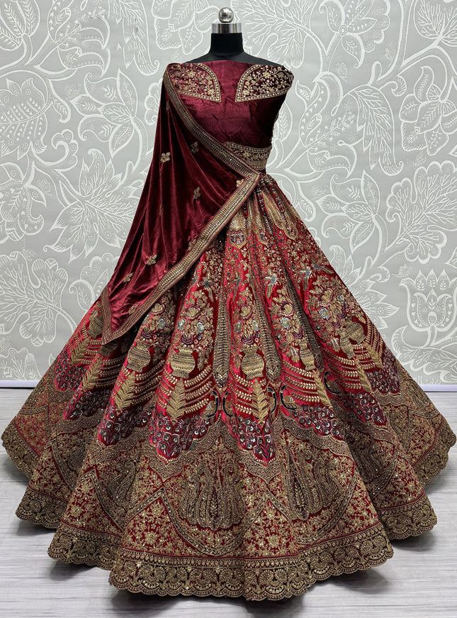 Red Velvet Embroidered Designer Bridal Lehenga Choli