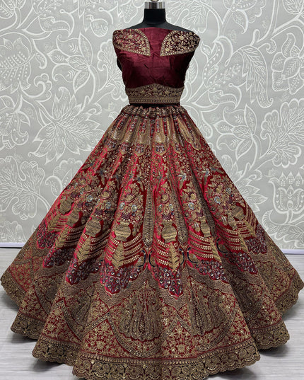 Red Velvet Embroidered Designer Bridal Lehenga Choli