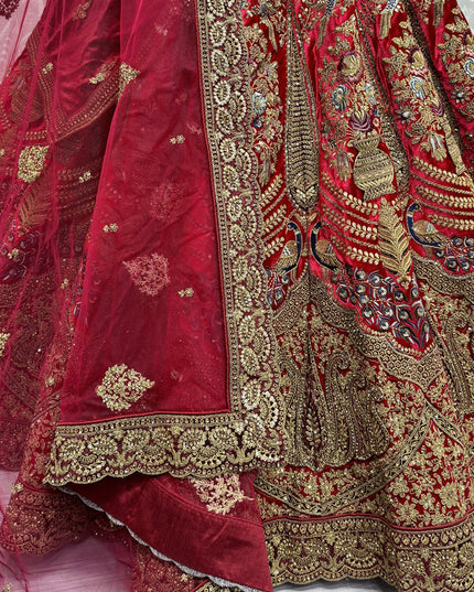 Red Velvet Embroidered Designer Bridal Lehenga Choli
