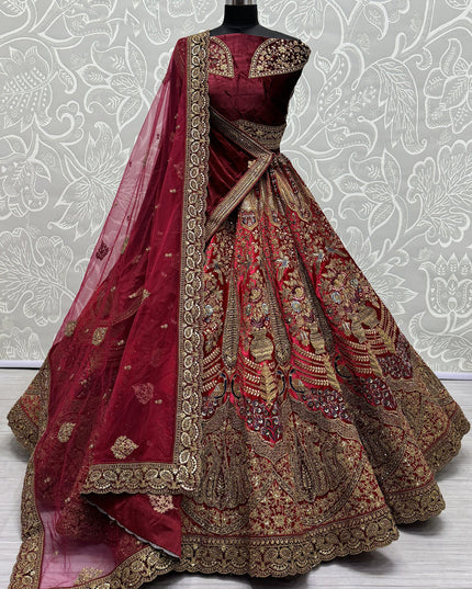 Red Velvet Embroidered Designer Bridal Lehenga Choli