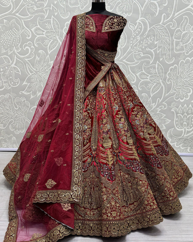 Red Velvet Embroidered Designer Bridal Lehenga Choli