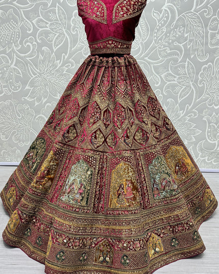 Rani Pink Velvet Embroidered Designer Bridal Lehenga Choli