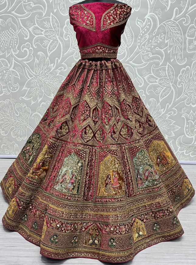 Rani Pink Velvet Embroidered Designer Bridal Lehenga Choli