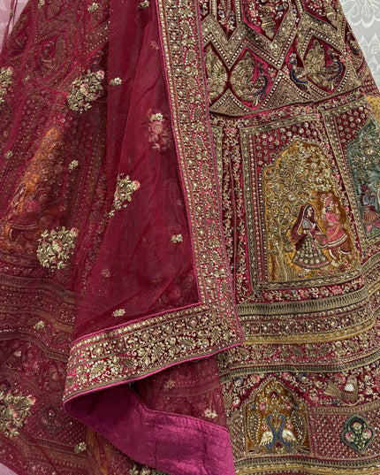 Rani Pink Velvet Embroidered Designer Bridal Lehenga Choli