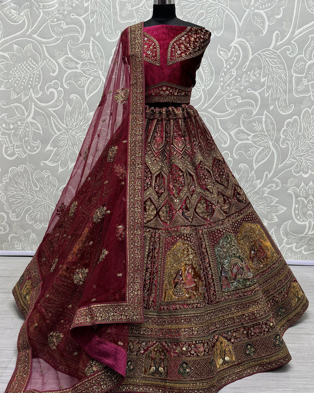 Rani Pink Velvet Embroidered Designer Bridal Lehenga Choli