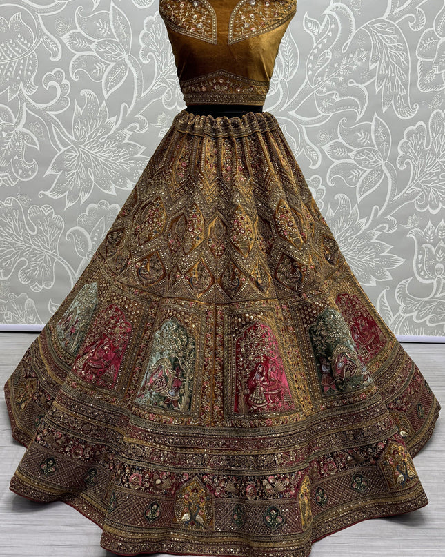 Beige Velvet Embroidered Designer Bridal Lehenga Choli