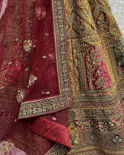 Beige Velvet Embroidered Designer Bridal Lehenga Choli