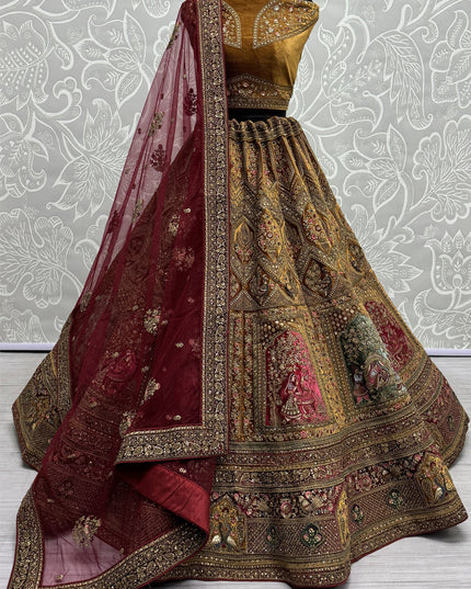 Beige Velvet Embroidered Designer Bridal Lehenga Choli