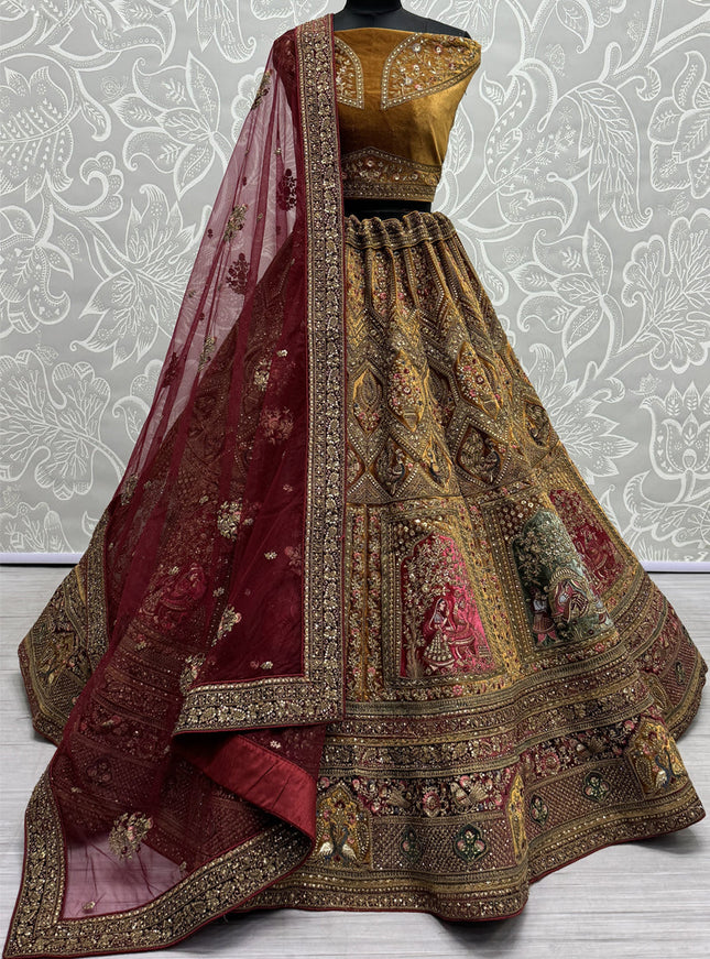 Beige Velvet Embroidered Designer Bridal Lehenga Choli