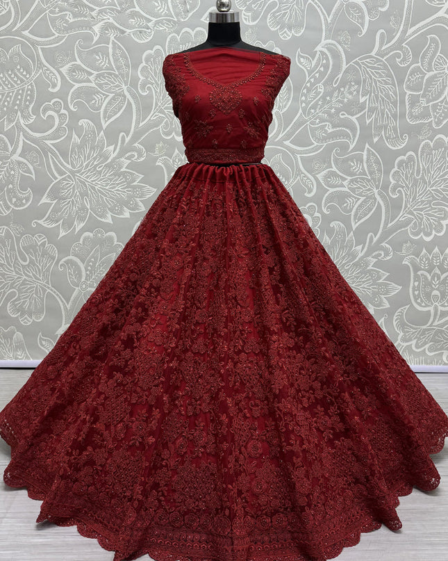 Maroon Heavy Net Embroidered Designer Lehenga Choli