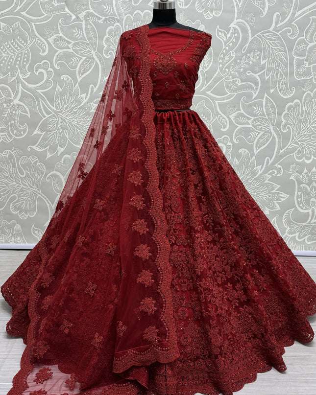 Maroon Heavy Net Embroidered Designer Lehenga Choli