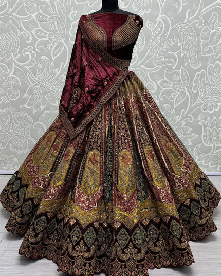 Beige Velvet Embroidered Designer Lehenga Choli