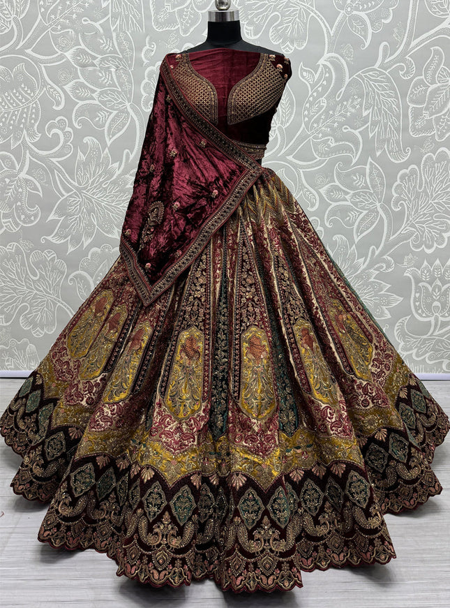 Beige Velvet Embroidered Designer Lehenga Choli