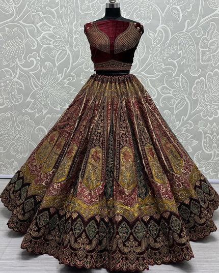 Beige Velvet Embroidered Designer Lehenga Choli