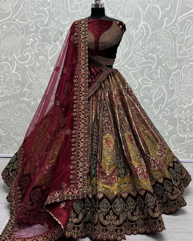 Beige Velvet Embroidered Designer Lehenga Choli
