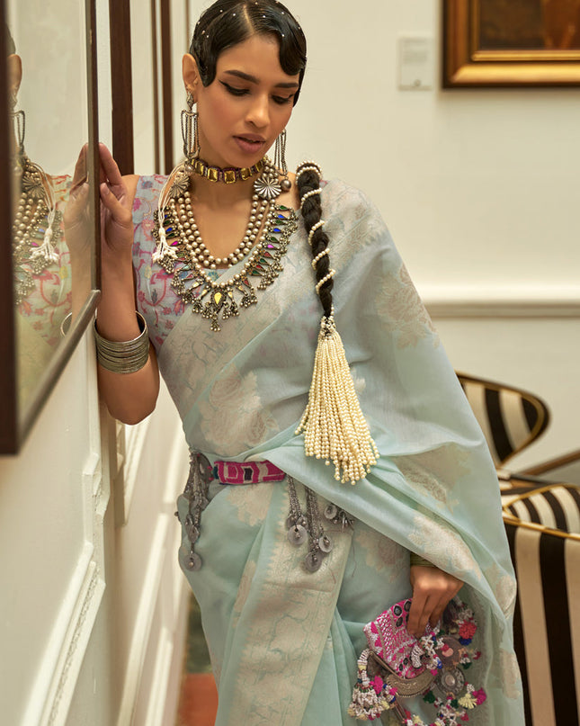 Ice Blue Modal Kashmiri Pallu Saree For Festival