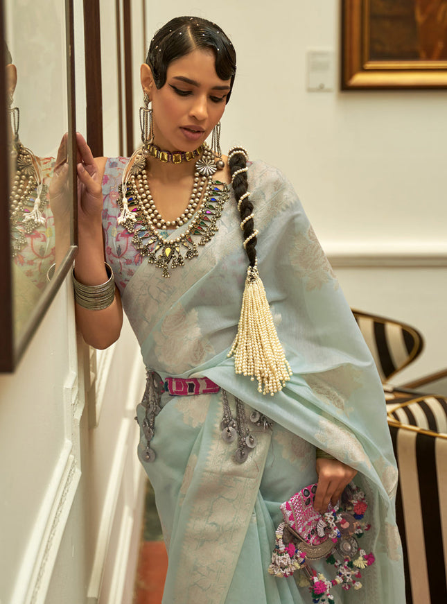 Ice Blue Modal Kashmiri Pallu Saree For Festival