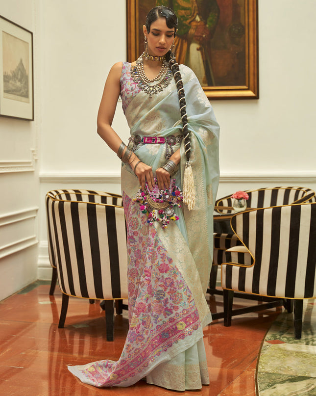 Ice Blue Modal Kashmiri Pallu Saree For Festival