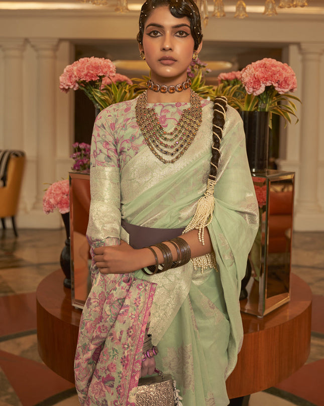Pastel Green Modal Kashmiri Pallu Saree For Festival