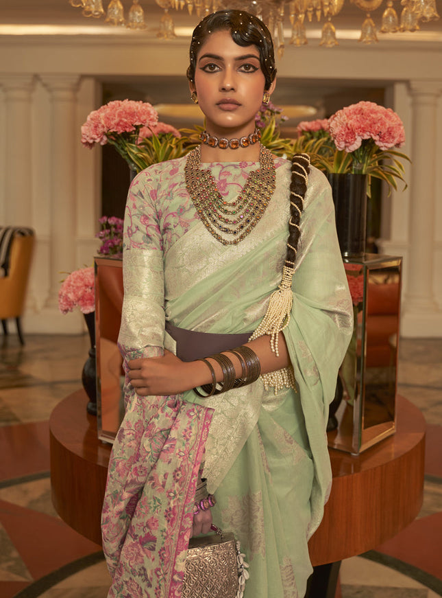 Pastel Green Modal Kashmiri Pallu Saree For Festival