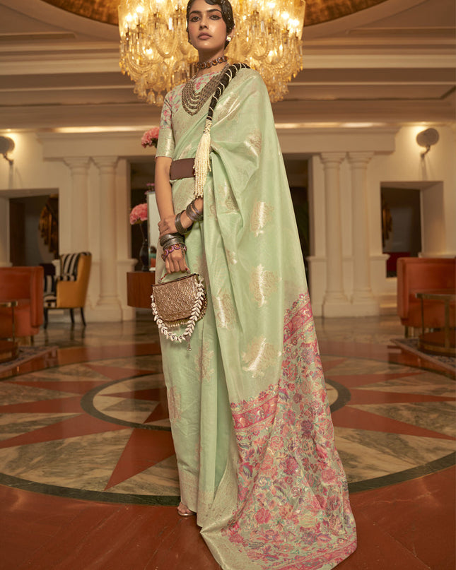 Pastel Green Modal Kashmiri Pallu Saree For Festival