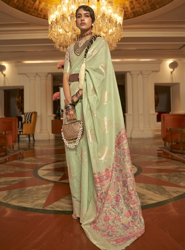Pastel Green Modal Kashmiri Pallu Saree For Festival