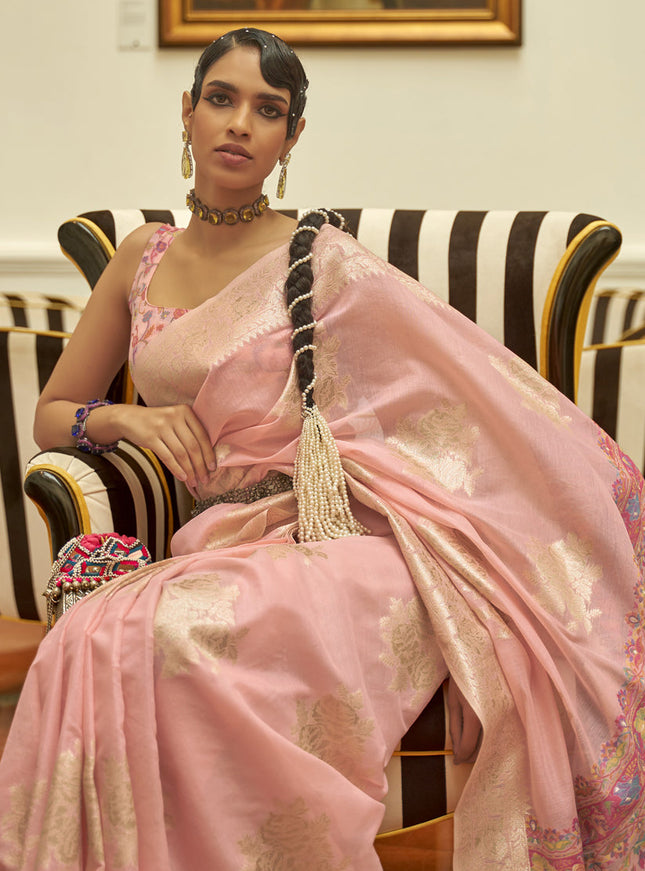 Blush Pink Modal Kashmiri Pallu Saree For Festival