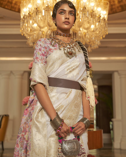 Pearl White Modal Kashmiri Pallu Saree For Festival