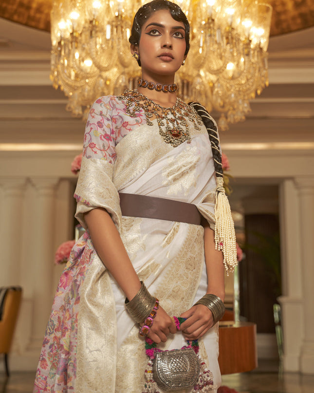 Pearl White Modal Kashmiri Pallu Saree For Festival