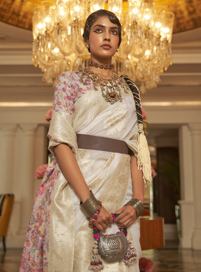 Pearl White Modal Kashmiri Pallu Saree For Festival