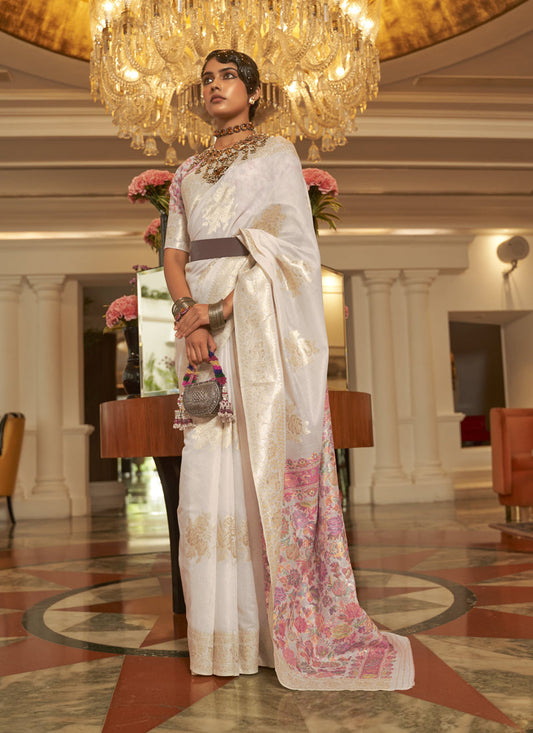 Pearl White Modal Kashmiri Pallu Saree For Festival