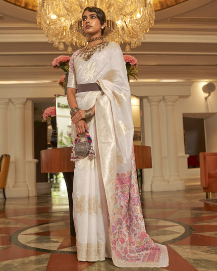 Pearl White Modal Kashmiri Pallu Saree For Festival