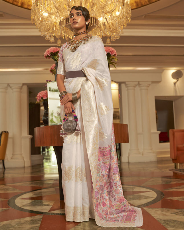 Pearl White Modal Kashmiri Pallu Saree For Festival