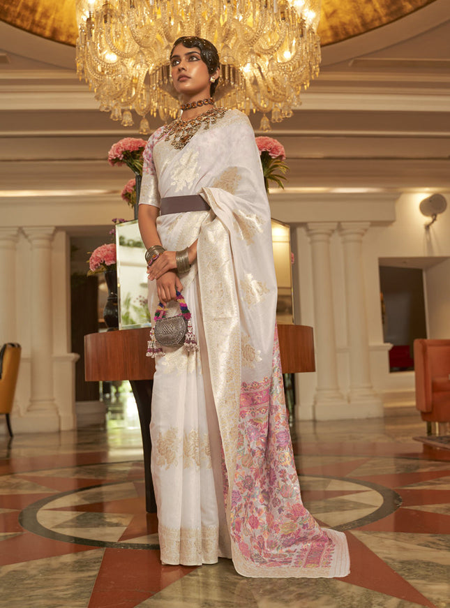 Pearl White Modal Kashmiri Pallu Saree For Festival