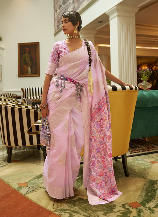 Baby Pink Modal Kashmiri Pallu Saree For Festival