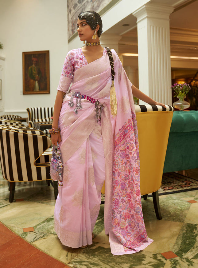 Baby Pink Modal Kashmiri Pallu Saree For Festival