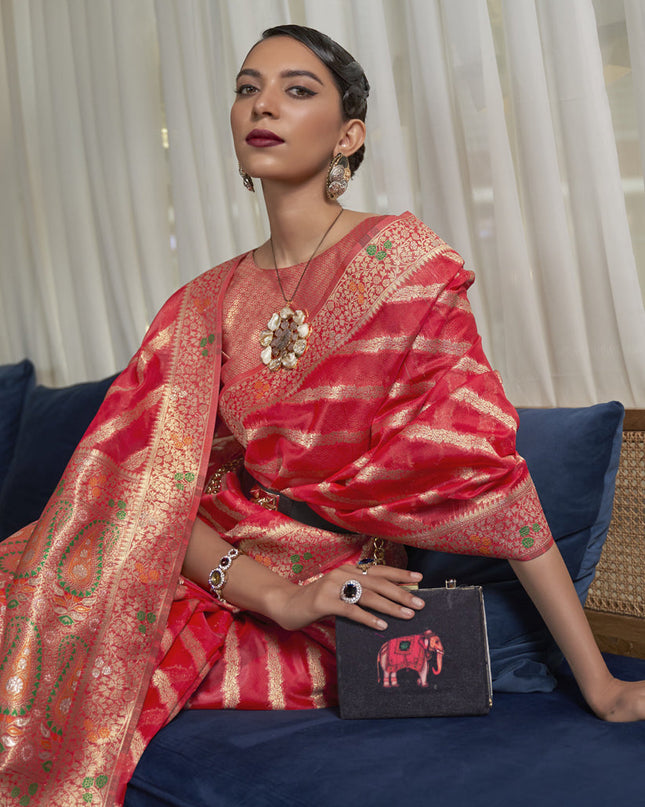 Gajari Red Organza Handloom Woven Saree