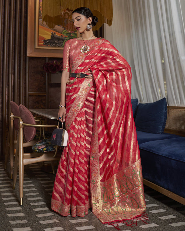 Gajari Red Organza Handloom Woven Saree