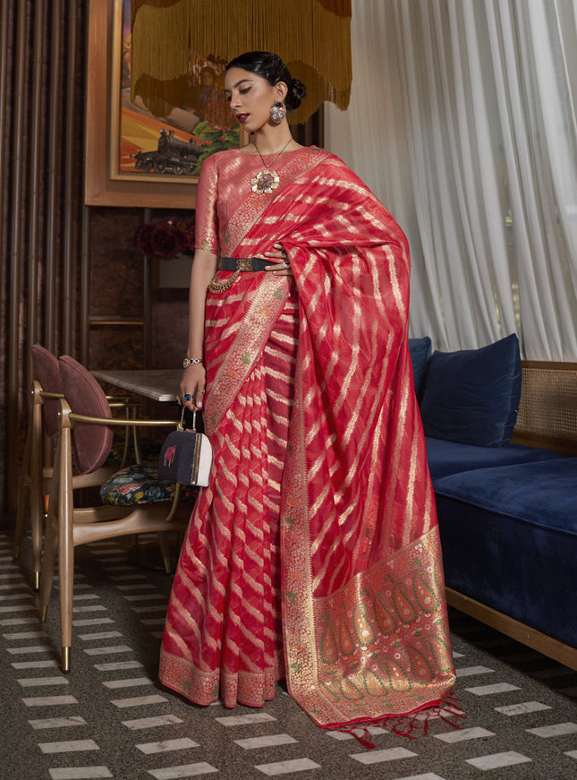 Gajari Red Organza Handloom Woven Saree